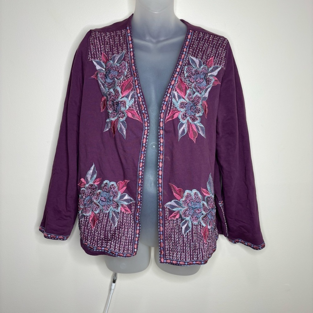 Soft Surroundings 100% Cotton Playa Embroidered purple Floral Open Front small